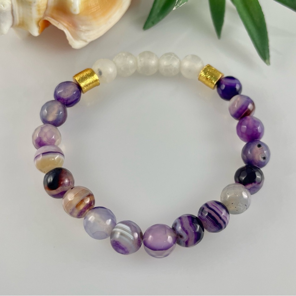 Dream Chevron Amethyst Cut Beads & Natural White Agate Cracked Gold Bracelet